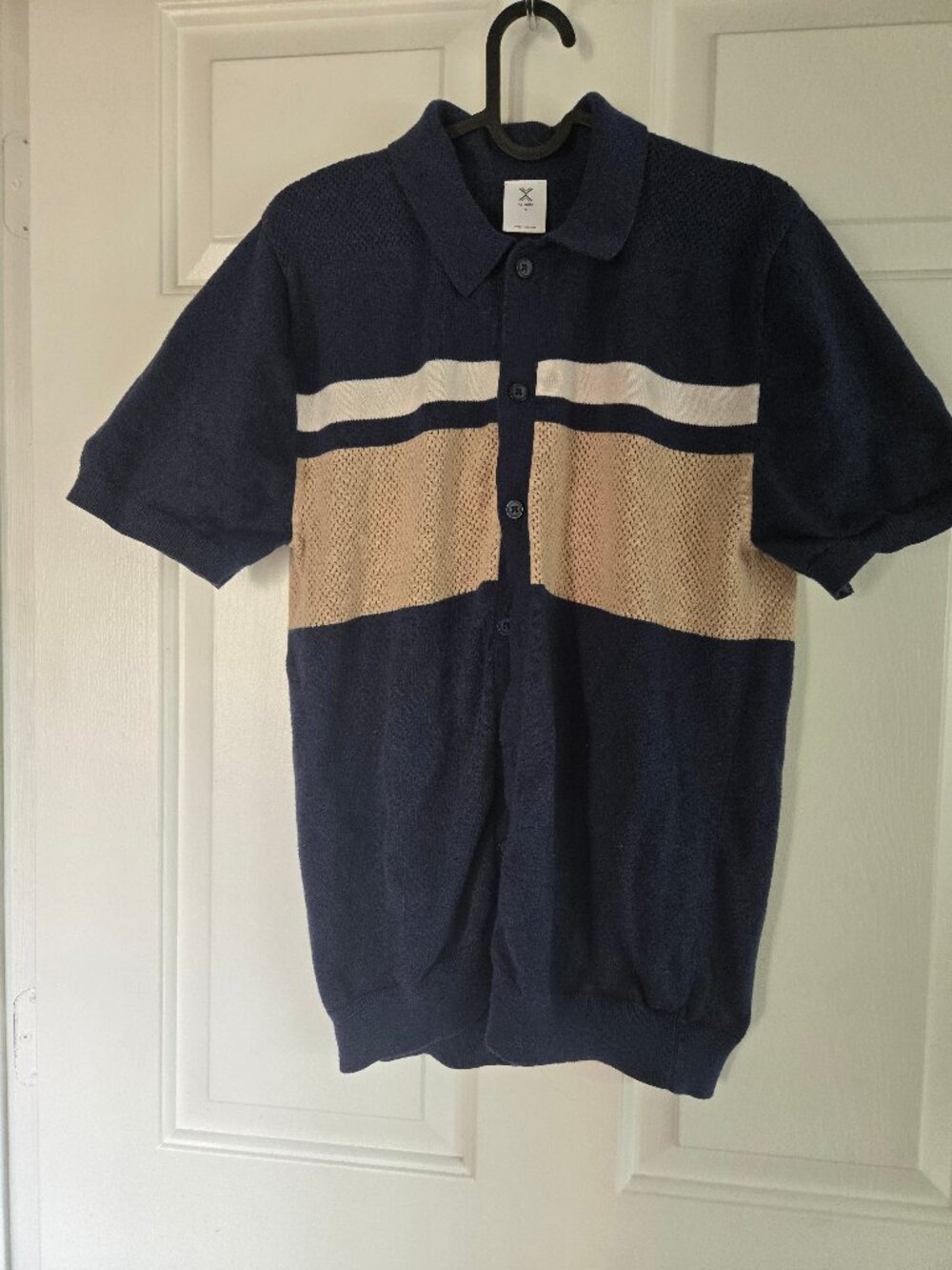 Navy and Tan Short Sleeve Knit Button Up